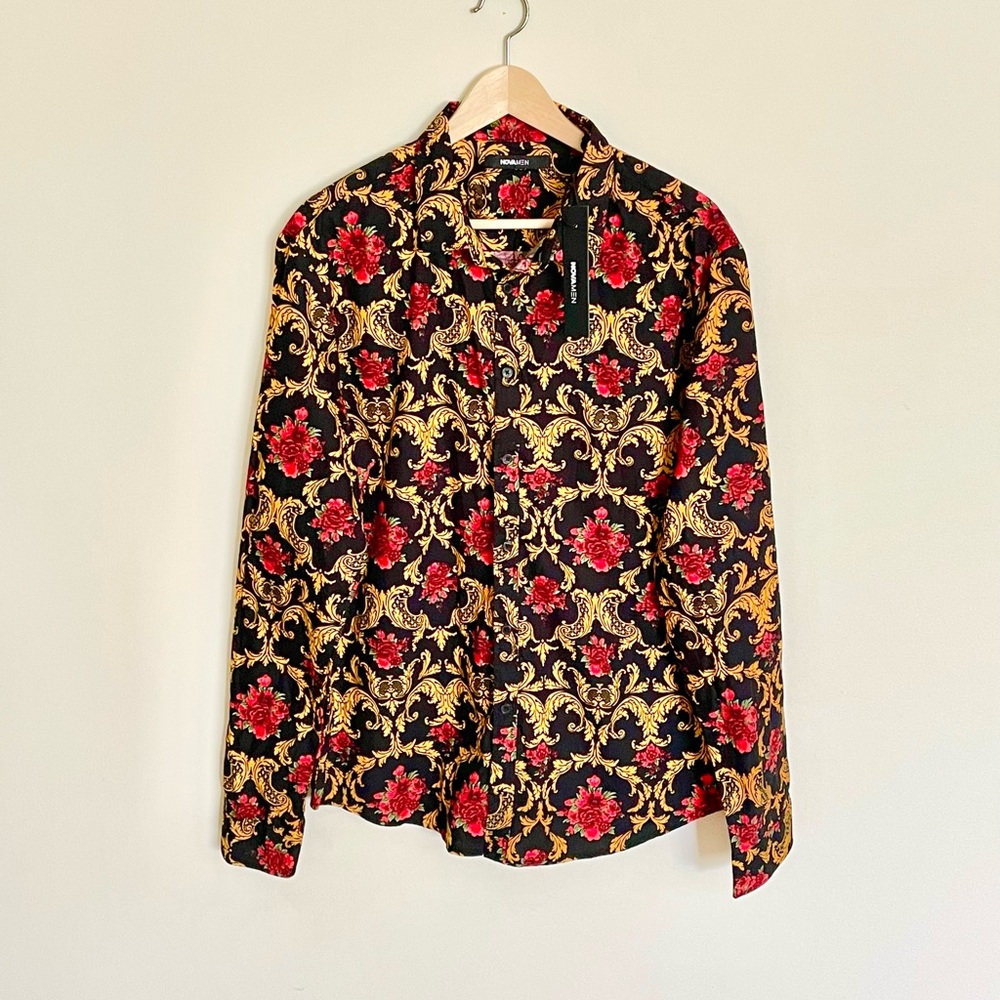 NEW NOVAMEN Royce Long Sleeve Woven Top Floral Leaf Yellow Red Shirt Men’s XL